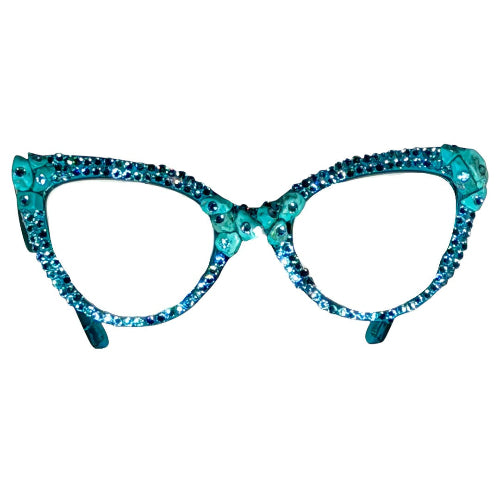 Turquoise cat-eye glasses with gemstone embellishments on a white background